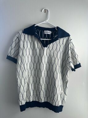 OXKNIT Navy and White Geometric Short-Sleeve Polo